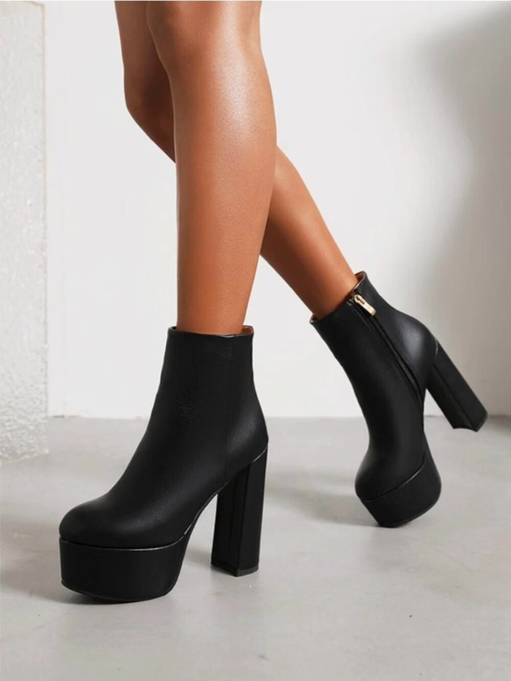 Chunky Heeled Ankle Boots High Heel Platform Booties Goth Round Toe Side Zipper